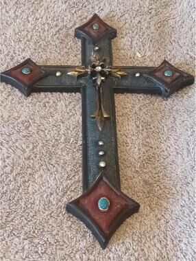 Decorative Gothic Cross with Turquoise Accents 10x7.5